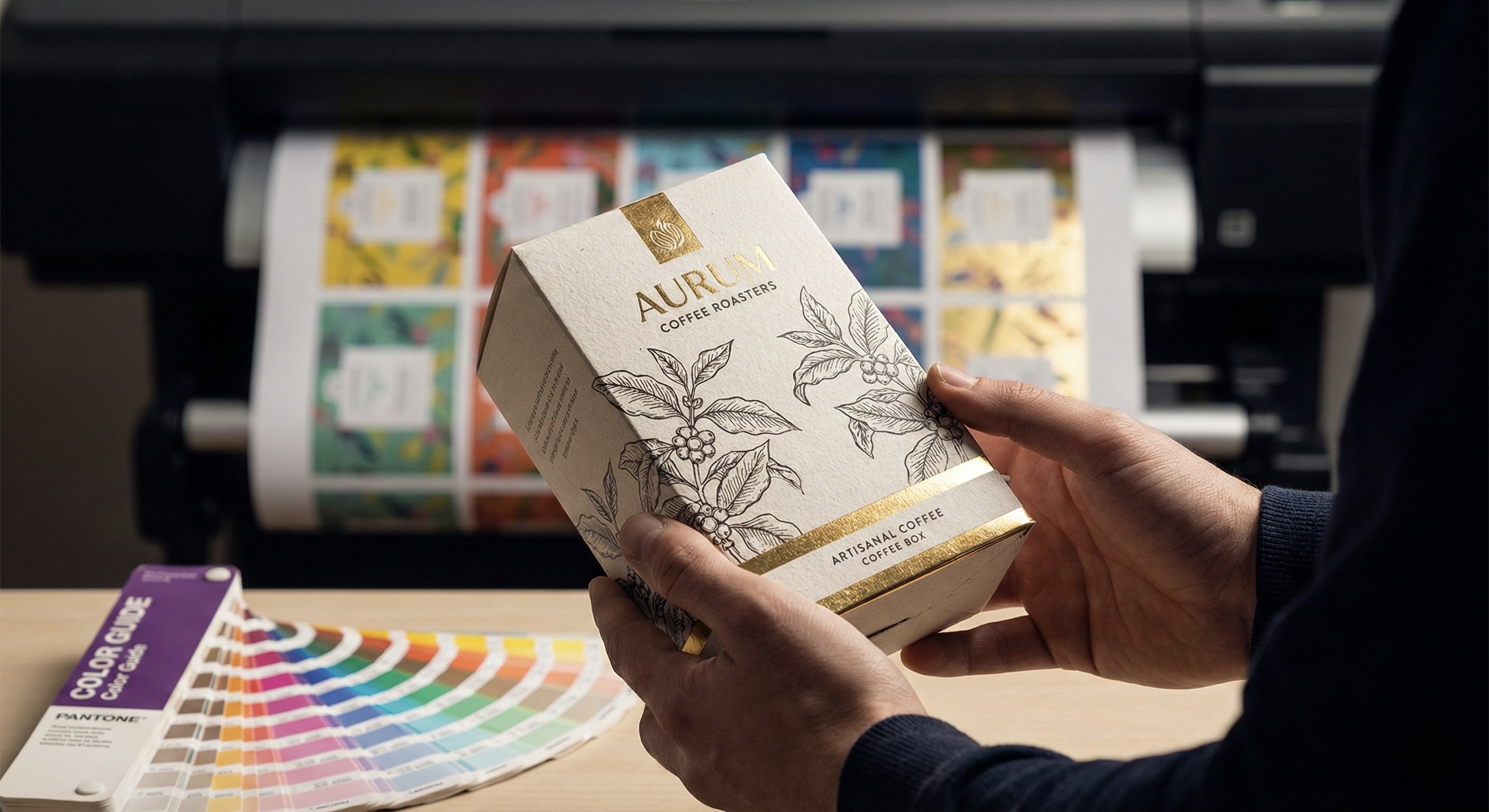 Aurum Coffee Roasters packaging with Pantone swatches