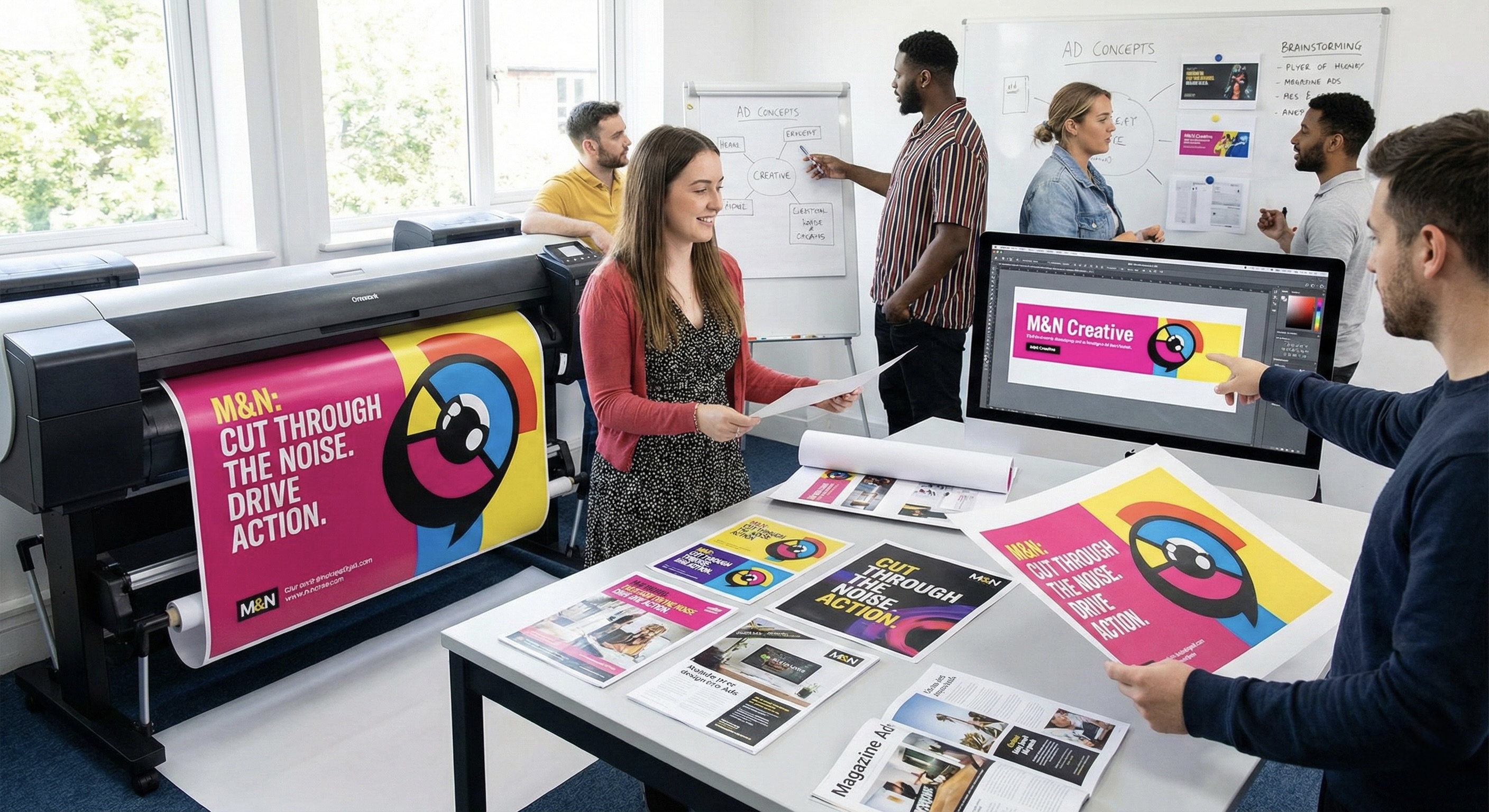 Creative workspace with team and large format printer